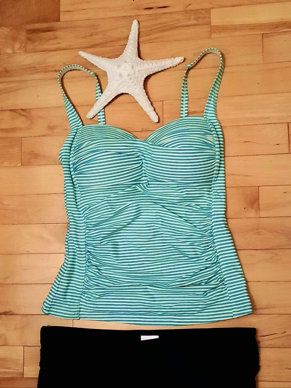 BONDEYE Aqua-Green White Striped Tankini Top, Multi-Cup Fit, Adjustable Straps